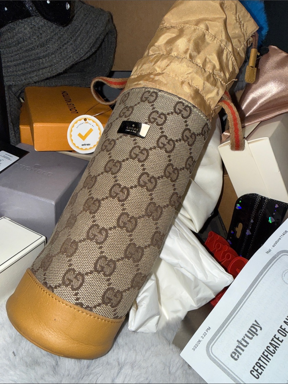 Gucci Beige GG Monogram Drawstring Mini Water Bottle Bag with Tan Trim - Picture 10 of 15